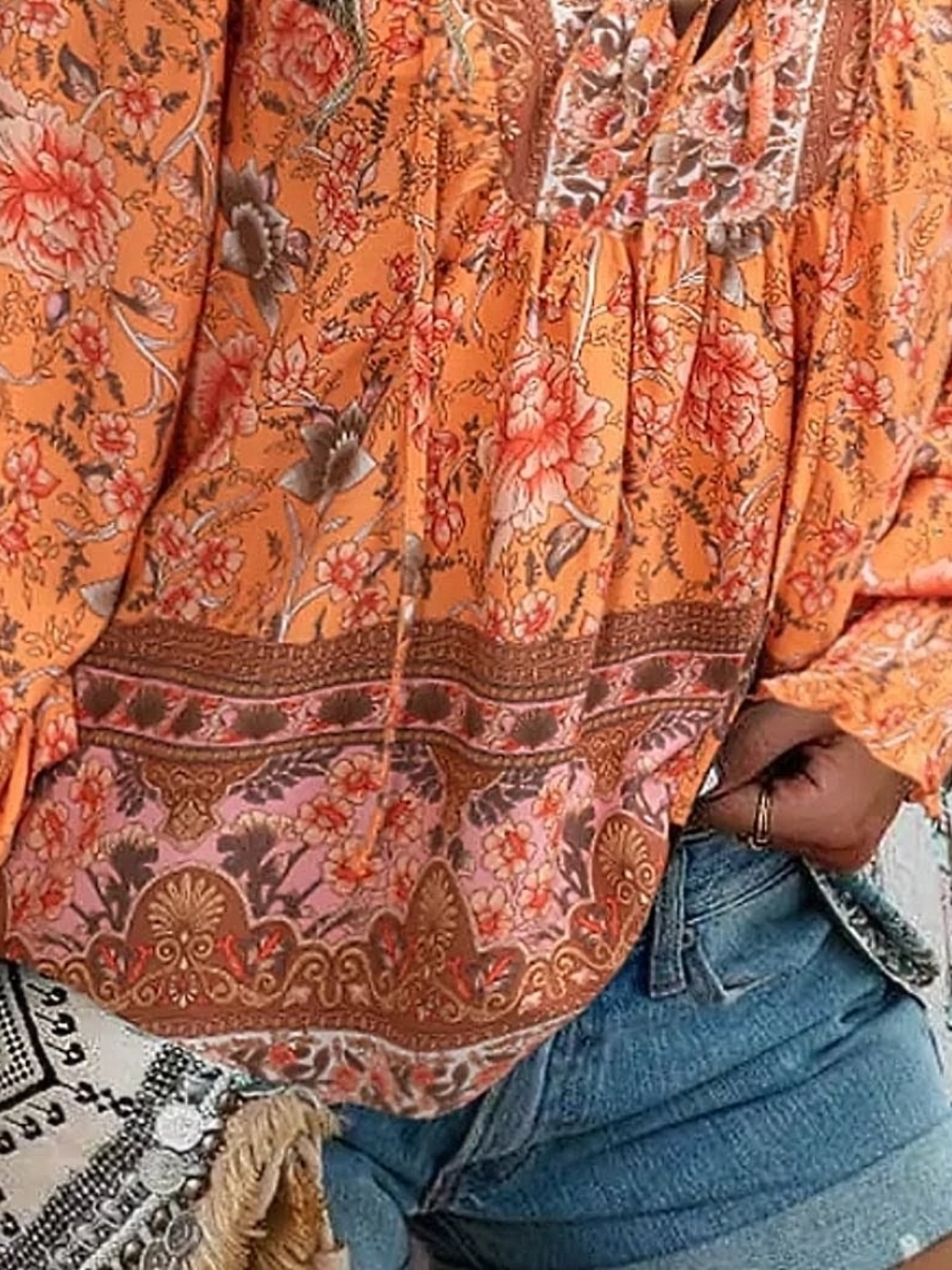 Boho Floral Peasant Blouse - Lantern Sleeves Flowy Hippie Vibe Women's S,M,L,XL - Picture 2 of 9